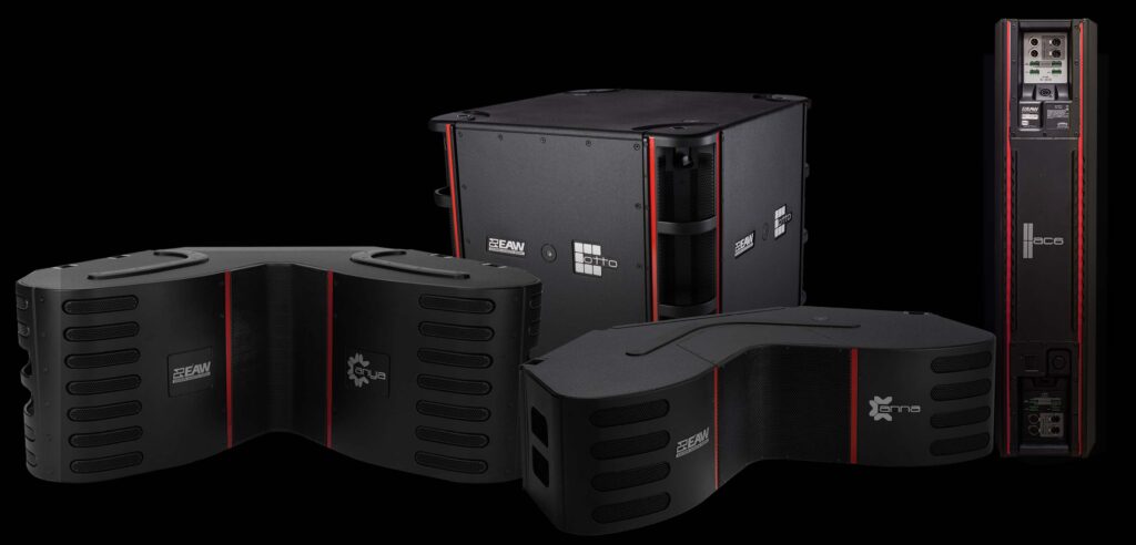ADAPTive black curved loudspeaker array with EAW logo and Otto and Anna branding visible on the enclosures