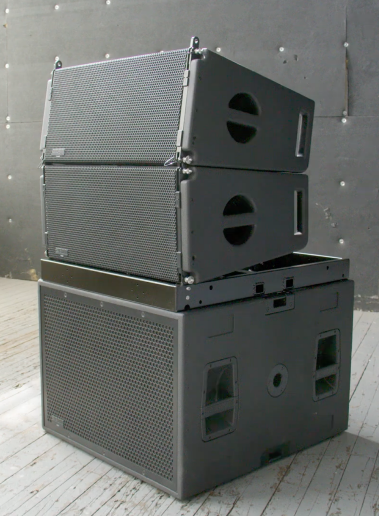 NTX210L stacked loudspeakers, dual-enclosure design in gray with perforated grills, left-side stack setup